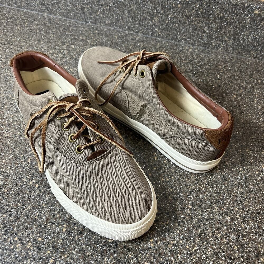 Polo Ralph Lauren Classic Brown Canvas Sneaker Shoes Mens Sz 9 D Lace Up Low Top